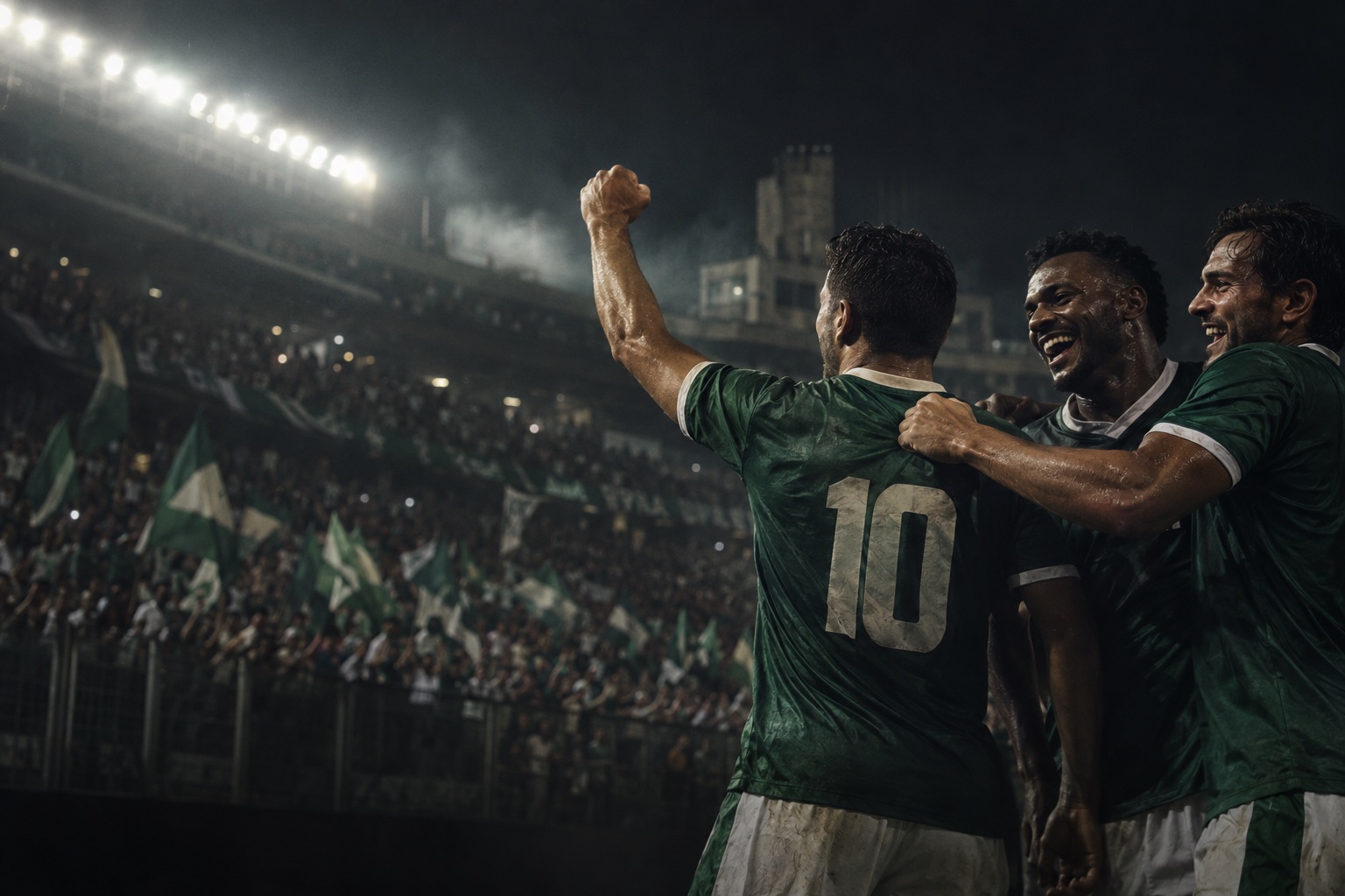 Jogadores comemoram com a torcida em um estádio iluminado.