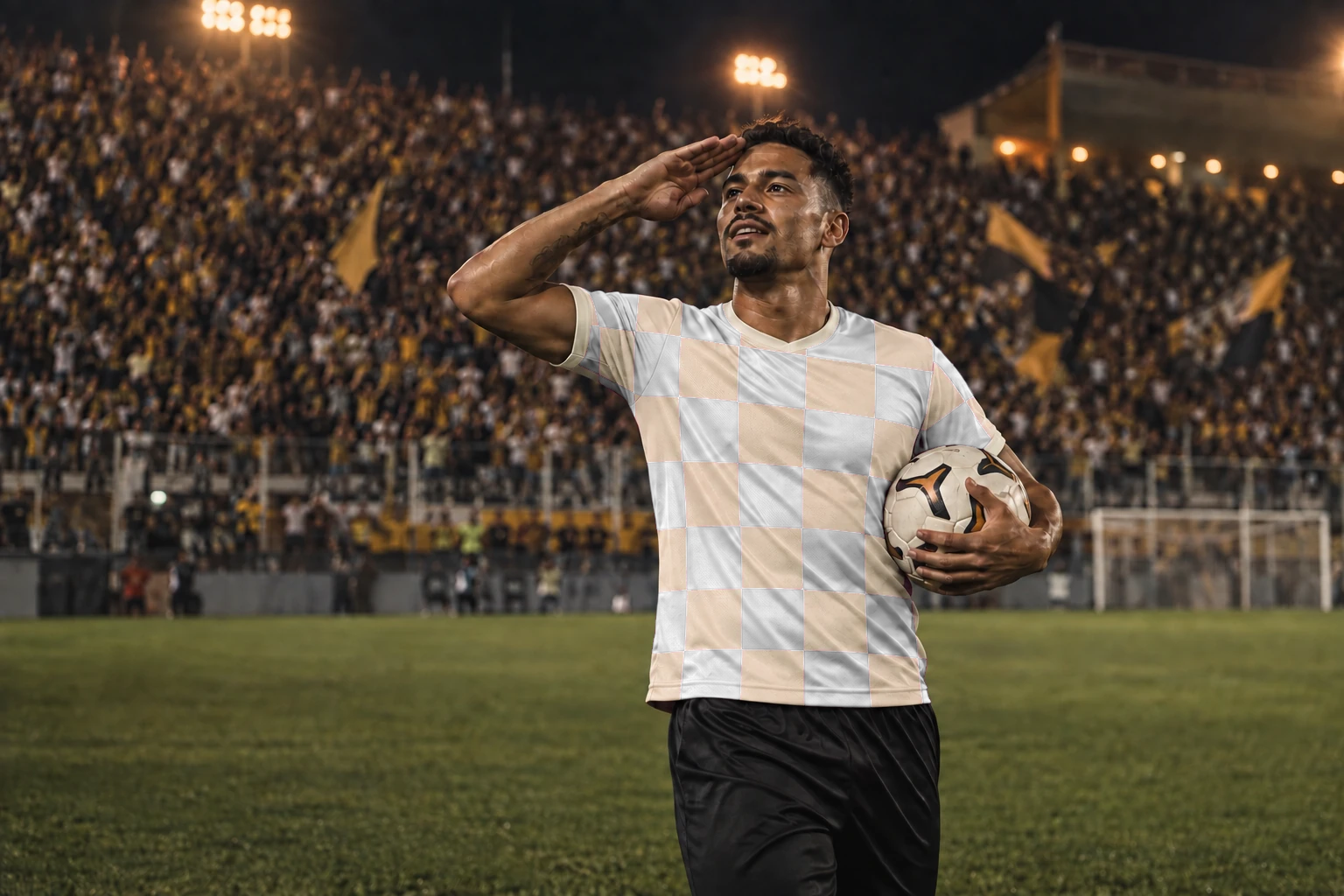Artilheiro celebra com a bola da partida