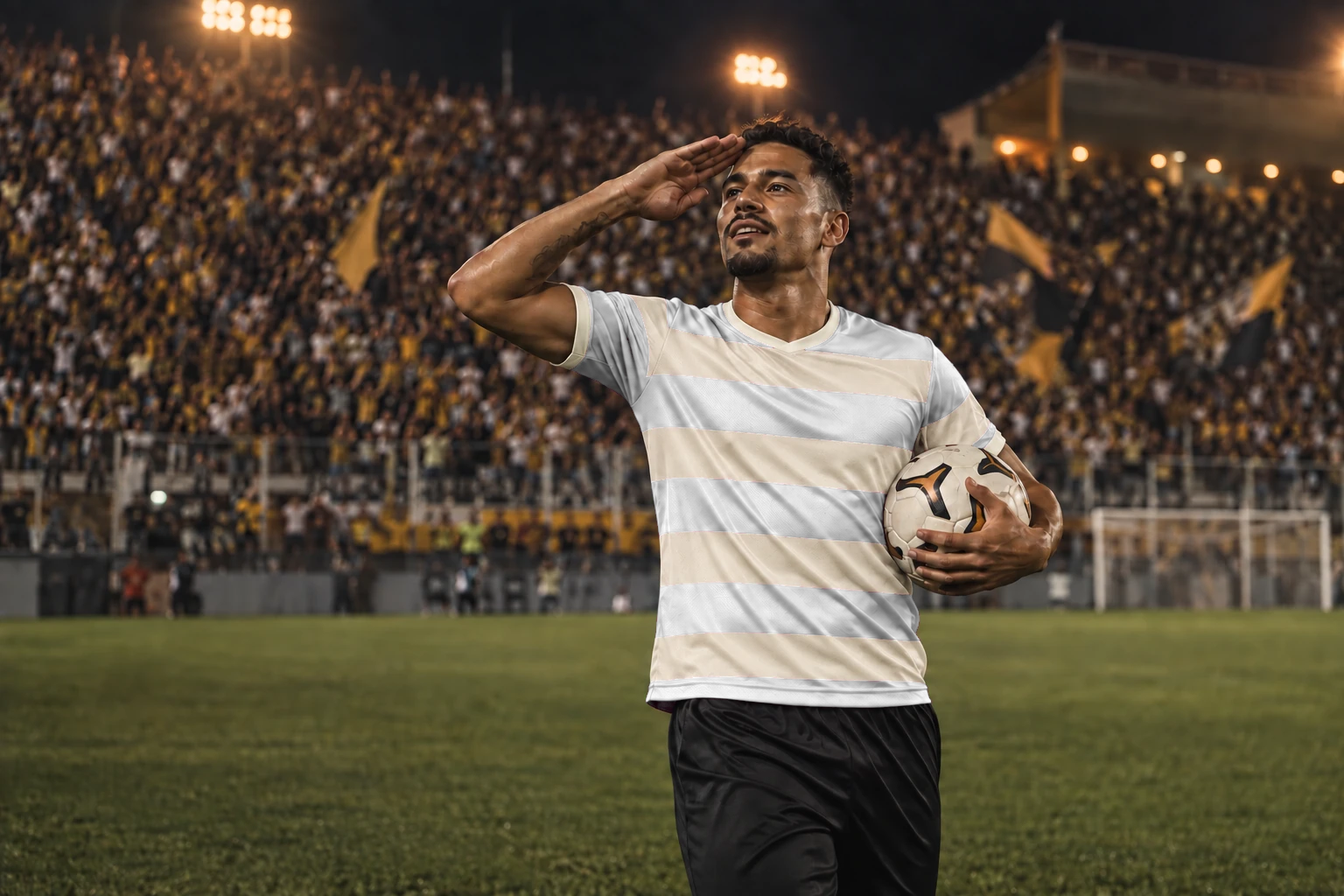 Artilheiro celebra com a bola da partida