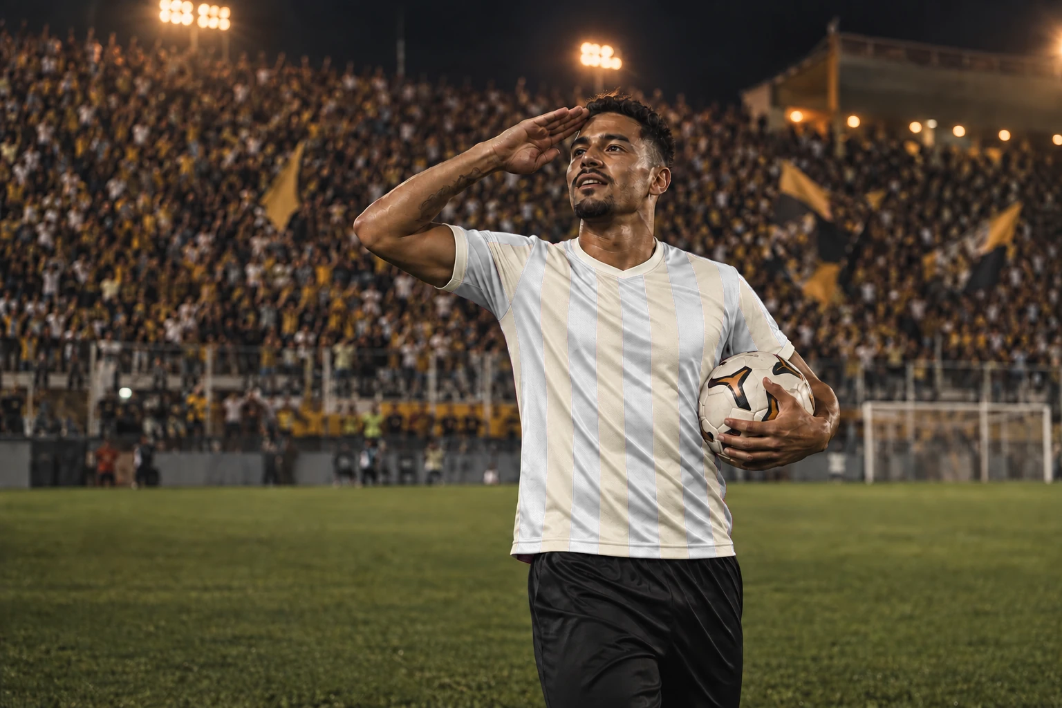 Artilheiro celebra com a bola da partida